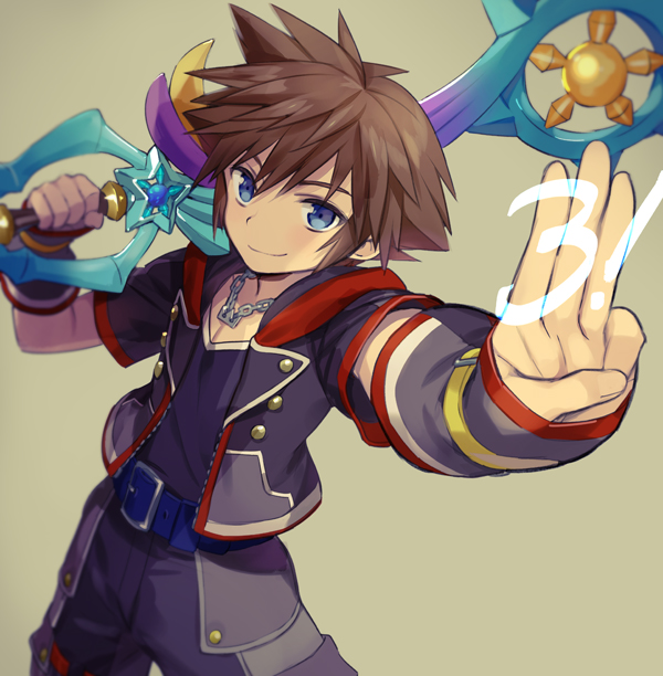 1boy belt brown_hair hood hood_down hoodie jewelry keyblade kingdom_hearts kingdom_hearts_iii male_focus necklace nino_(nino_imo) over_shoulder simple_background solo sora_(kingdom_hearts) spiked_hair