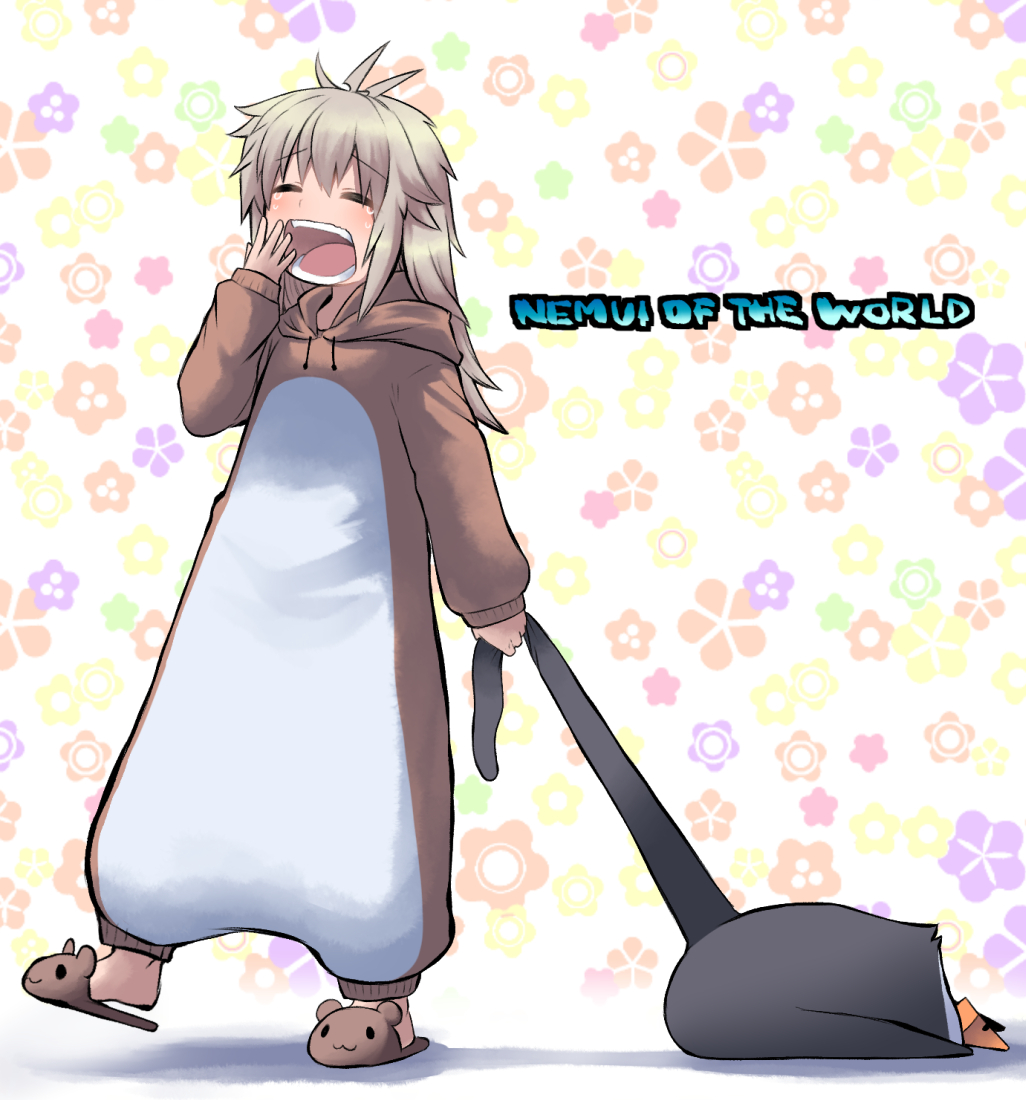 1girl animal animal_slippers antenna_hair bear_slippers bird brown_footwear brown_hair commentary_request floral_background hand_up hijikata-san_(m.m) hood hood_down koshirae_tsurugi_(m.m) long_hair m.m onesie open_mouth original penguin romaji_commentary romaji_text shadow slippers standing standing_on_one_leg translation_request wavy_mouth white_background yawning