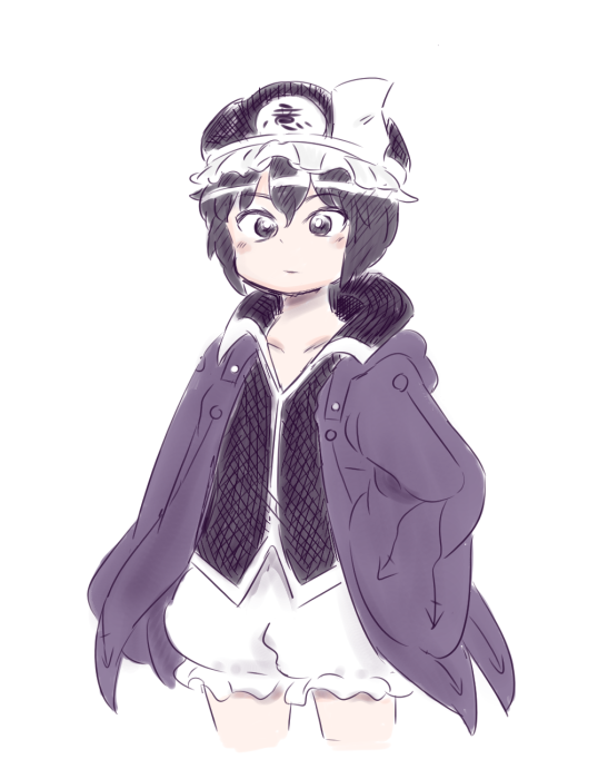 1other androgynous arrow_print black_eyes black_hair black_hat black_shirt blush_stickers chikafumikou collarbone collared_shirt commentary_request cropped_legs dot_nose expressionless frilled_headwear frilled_shorts frills hair_between_eyes hand_on_own_hip hat hood hood_down hooded_jacket jacket len&#039;en long_sleeves looking_at_viewer mob_cap open_clothes open_jacket other_focus puffy_shorts purple_jacket shirt shitodo_kuroji short_hair shorts simple_background sleeves_past_fingers sleeves_past_wrists solo standing triangular_eyewear white_background white_shorts wide_sleeves
