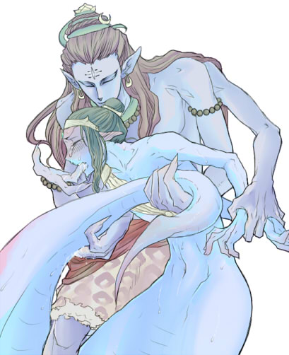 2boys abs atlus blue_skin blush colored_skin earrings fingering holding_another&#039;s_wrist jewelry male_focus monster_boy multiple_boys muscular naga_(shin_megami_tensei) pointy_ears saliva shin_megami_tensei shiva_(shin_megami_tensei) snake tagme tail yaoi