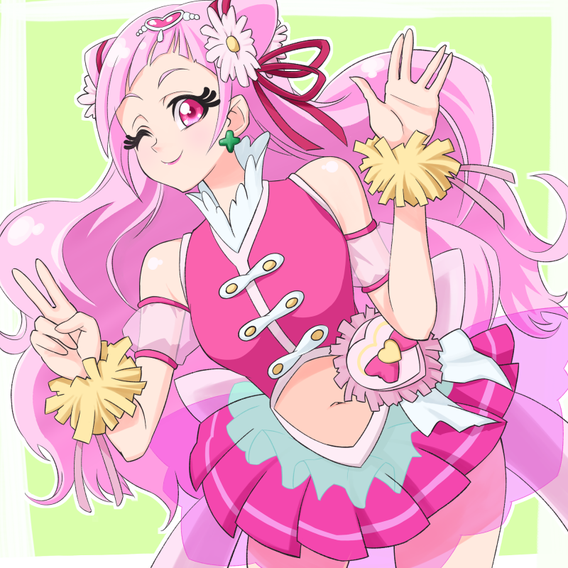 1girl blush closed_mouth crop_top cure_yell detached_sleeves double_bun earrings flower hair_bun hair_flower hair_ornament hair_ribbon hugtto!_precure jewelry lipstick long_hair magical_girl makeup midriff navel nono_hana pink_eyes pink_hair pink_shirt pink_skirt pleated_skirt precure red_ribbon ribbon see-through_clothes see-through_sleeves shirt skirt smile solo wrist_cuffs yoshihisa_(user_83135390)