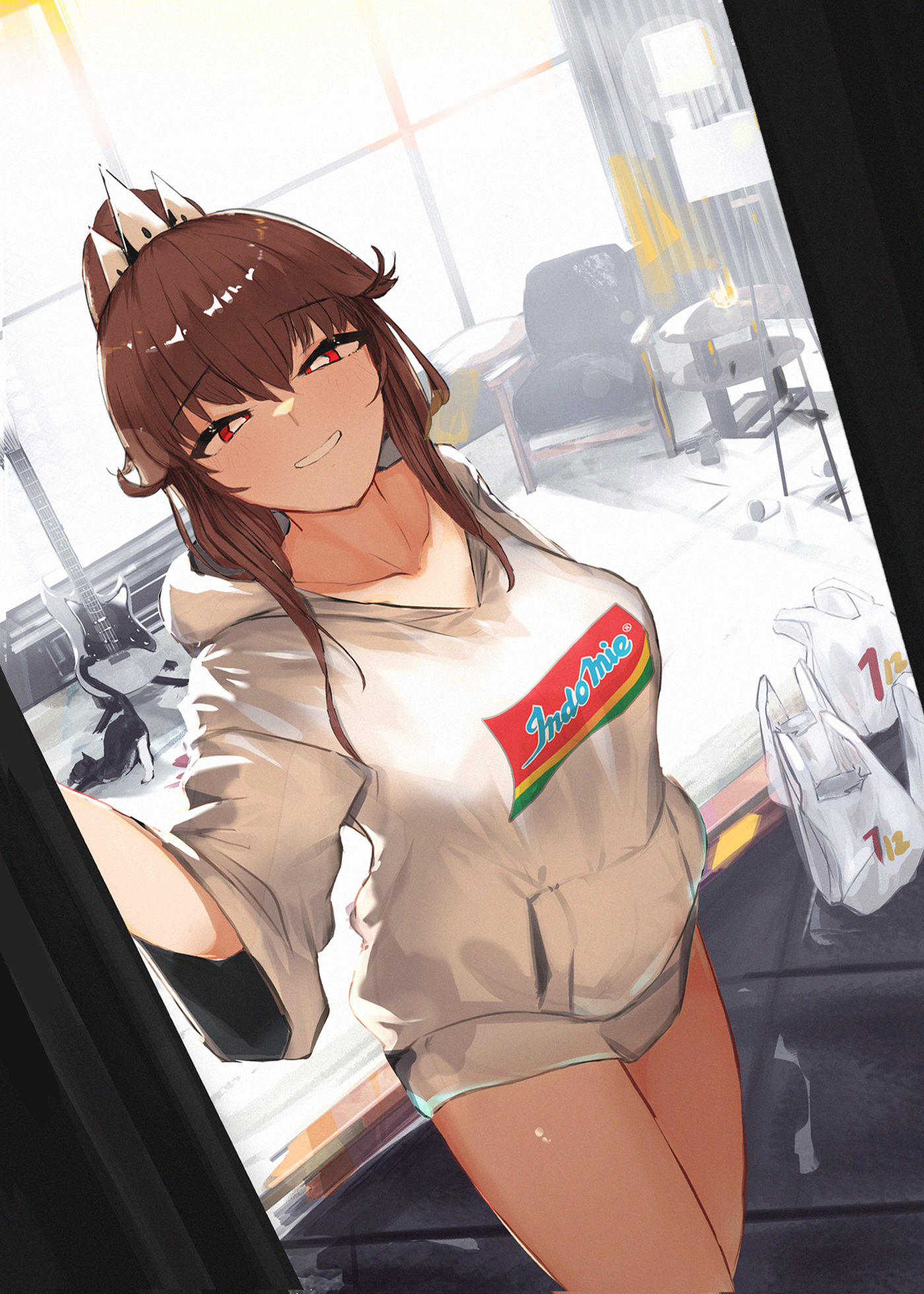 1girl bag breasts brown_hair chair collarbone crown doorway dutch_angle grin hair_bun half-closed_eyes highres hood hood_down hoodie indomie_(brand) indoors large_breasts liz_(nin_fake) long_hair looking_at_viewer messy_room nin_fake open_door original plastic_bag print_hoodie red_eyes shopping_bag shorts sidelocks smile solo standing thighs trash_bag white_hoodie