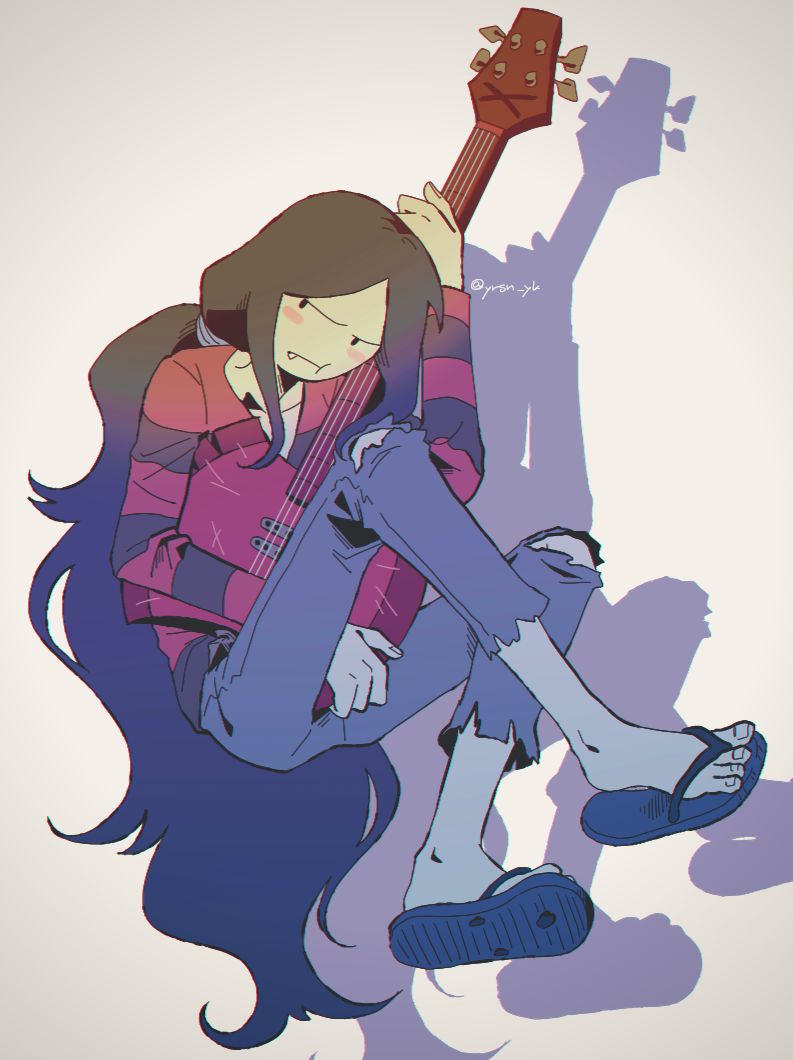 1girl adventure_time artist_name ax_bass axe_guitar bass_guitar black_hair colored_skin commentary drop_shadow fang feet grey_skin horizontal-striped_clothes instrument long_hair marceline_abadeer raya_(uk_0128) solo toes vampire