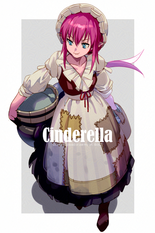 1girl apron black_skirt blue_eyes breasts bucket dragon_tail dress echo_(circa) elizabeth_bathory_(cinderella)_(fate) elizabeth_bathory_(fate) elizabeth_bathory_(scullery_maid)_(fate) fate/grand_order fate_(series) full_body hat long_hair long_sleeves looking_to_the_side pink_hair pointy_ears pout puffy_long_sleeves puffy_sleeves skirt small_breasts tail white_apron white_hat wooden_bucket