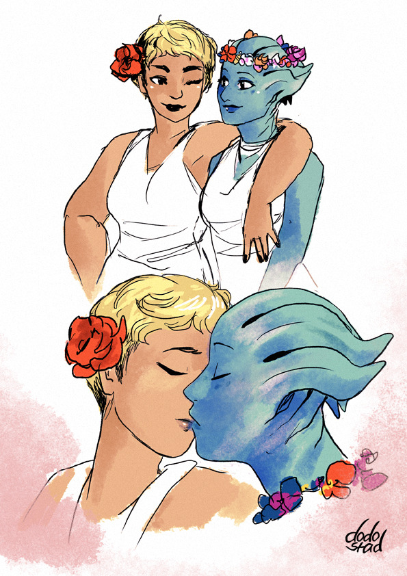 alien alternate_costume asari_(mass_effect) blonde_hair commander_shepard commander_shepard_(female) couple dodostad dress flower flower_on_head hair_flower hair_ornament head_wreath kiss liara_t&#039;soni mass_effect_(series) tumblr tumblr_username white_dress
