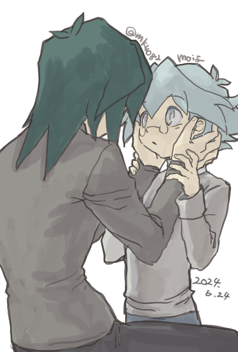 2boys black_shirt blue_hair brothers dated glasses green_hair grey_eyes grey_shirt hands_on_another&#039;s_face long_sleeves looking_at_another male_focus marufuji_ryo marufuji_sho moiko multiple_boys shirt siblings simple_background white_background yu-gi-oh! yu-gi-oh!_gx