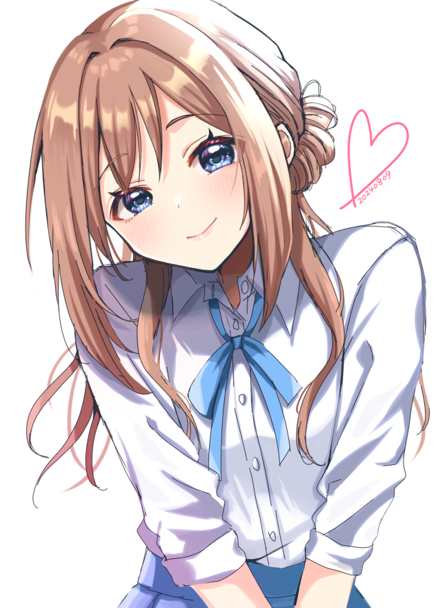 1girl ayaca blue_eyes blue_ribbon blue_skirt blush brown_hair commentary_request dated gakuen_idolmaster hatsuboshi_gakuen_school_uniform heart himesaki_rinami idolmaster long_hair looking_at_viewer neck_ribbon ribbon school_uniform shirt shirt_tucked_in simple_background skirt smile solo white_background white_shirt