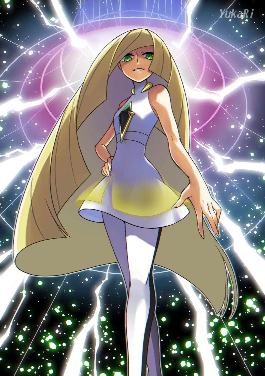 1girl artist_name backlighting bare_arms bare_shoulders blonde_hair diamond_(shape) dress energy_blast feet_out_of_frame gem green_eyes green_gemstone hand_on_own_hip highres light_particles light_rays long_hair looking_at_viewer lusamine_(pokemon) mature_female nintendo pokemon pokemon_sm shaded_face sleeveless sleeveless_dress teeth two-tone_legwear very_long_hair white_dress wormhole yukari_(yukari21653710)