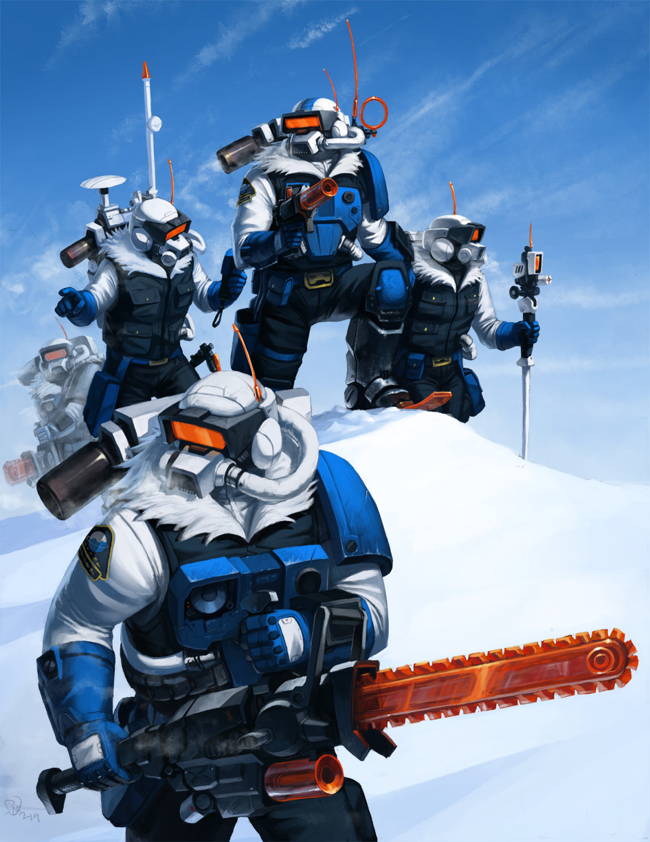 5boys armored_boots backpack bag belt_buckle belt_pouch black_pants black_vest blue_sky boogwerks boots breath buckle chainsaw commentary covered_face crest english_commentary fur_collar gun handgun helmet highres holding holding_weapon ice_planet_2002 jacket lego lego_minifig lego_space male_focus multiple_boys pants pouch radar_dish range_finder realistic skis sky snow the_lego_group vest visor weapon white_jacket winter_clothes