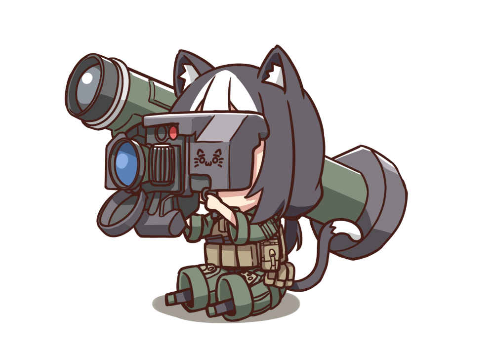 :3 animal_ear_fluff animal_ears cat_ears cat_girl cat_tail chibi fgm-148_javelin holding holding_rocket_launcher holding_weapon jpc long_hair low-tied_long_hair man-portable_air-defense_system missile_launcher original pouch rocket_launcher sitting tail weapon