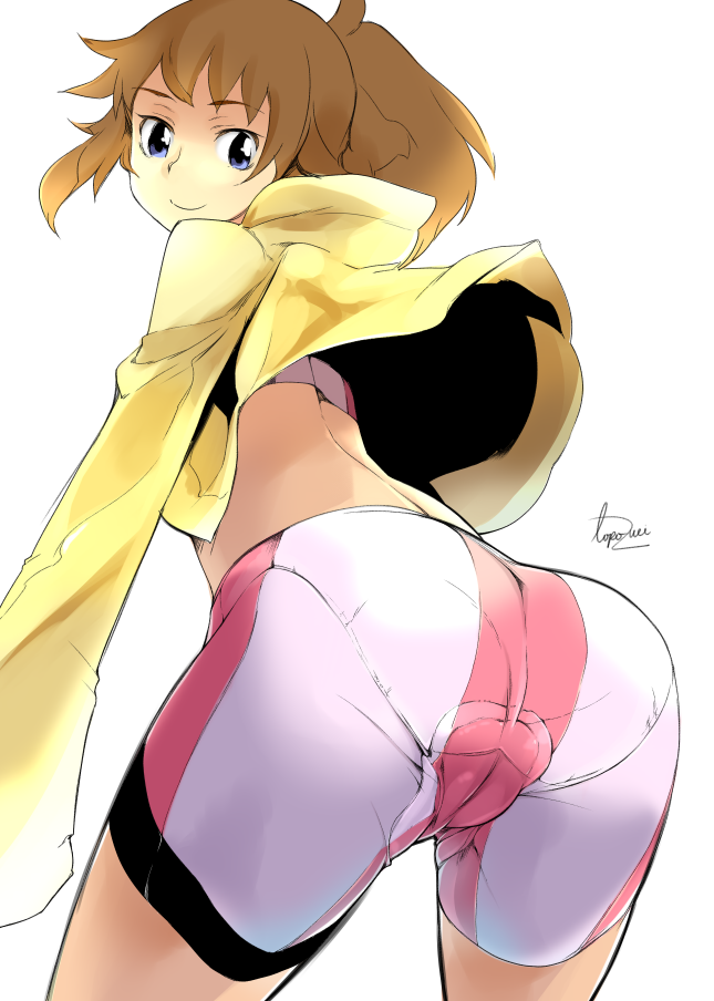 10s 1girl ass bad_id bad_pixiv_id bike_shorts blue_eyes brown_hair female_focus from_behind gundam gundam_build_fighters gundam_build_fighters_try hoshino_fumina jacket long_hair looking_at_viewer looking_back midriff pantylines ponytail short_hair smile solo sports_bra thigh_strap topo_(bacchustab) topo_bevitore