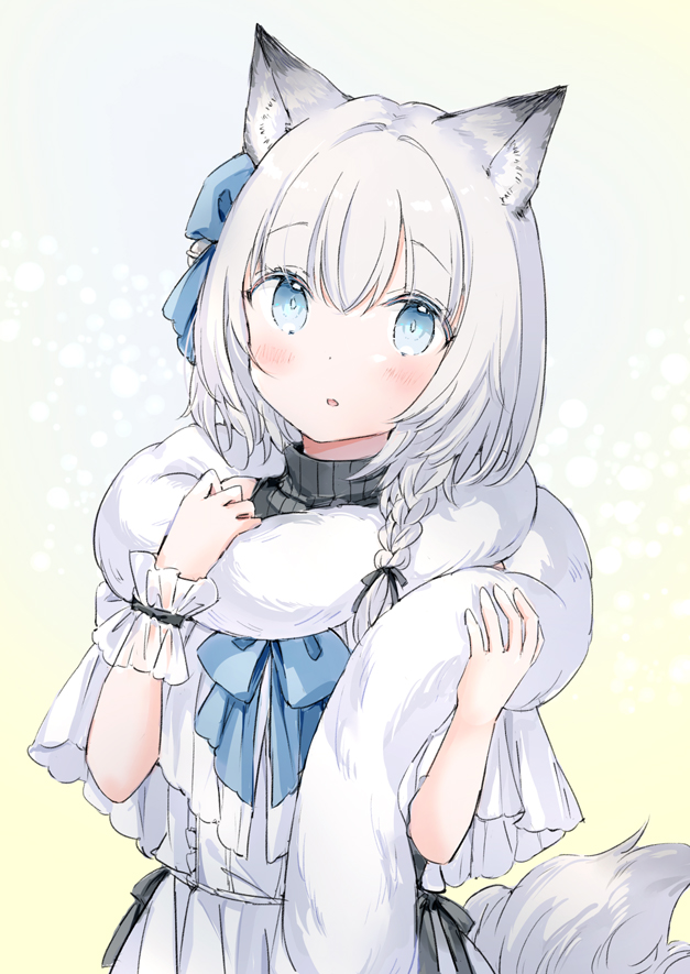 1girl :o animal_ear_fluff animal_ears black_sweater blue_bow blue_eyes blush bow braid capelet commentary_request dress fur_scarf grey_hair hair_between_eyes hair_bow hands_up long_hair looking_at_viewer original parted_lips ribbed_sweater single_braid single_wrist_cuff sleeveless sleeveless_turtleneck solo sweater tail turtleneck turtleneck_sweater wataame27 white_capelet white_dress wrist_cuffs