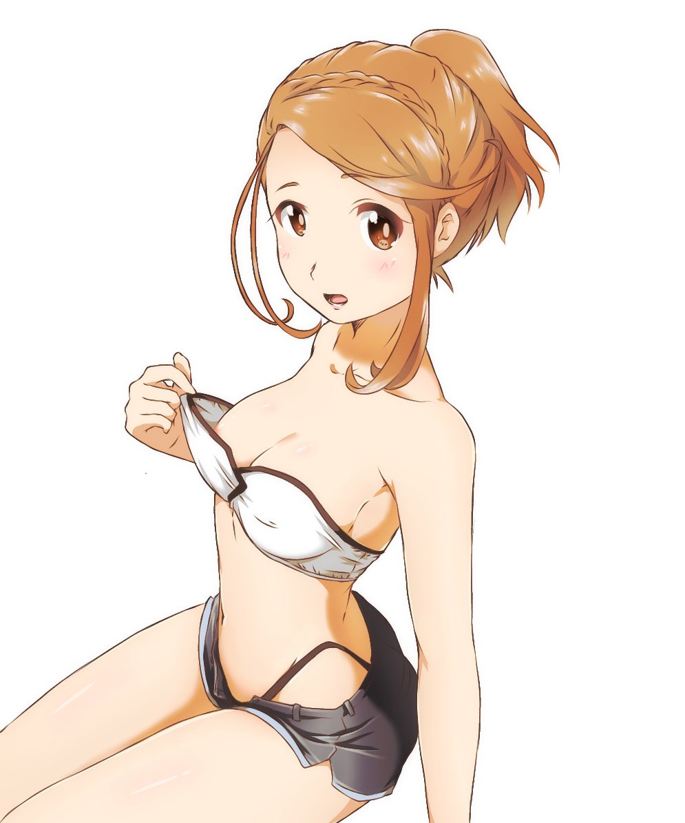 1girl 22/7 areola_slip bare_shoulders bikini bikini_top_pull black_shorts blush braid brown_eyes brown_hair collarbone crown_braid embarrassed high_ponytail hitorilily kono_miyako looking_at_viewer navel open_mouth ponytail shorts simple_background single_braid solo strapless strapless_bikini swimsuit three_quarter_view white_background white_bikini
