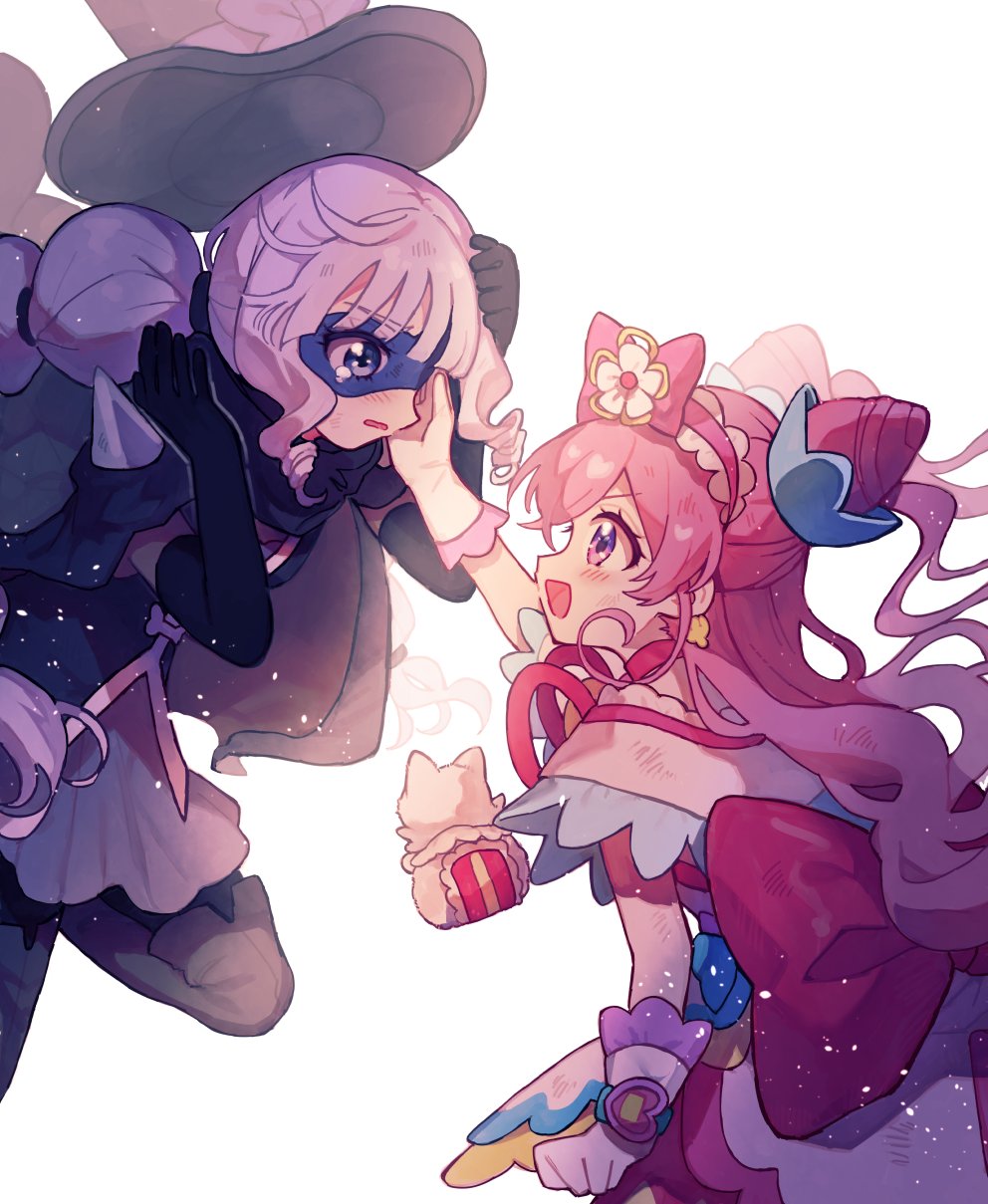 2girls back_bow black_cape black_gloves black_hat black_pantyhose black_shirt blue_eyes blue_mask blush boots bow braid cape cat clenched_hand commentary_request cone_hair_bun cowboy_shot cure_precious delicious_party_precure double_bun dress earrings elbow_gloves eye_mask eyelashes floating_cape floating_hair flower frilled_gloves frilled_hairband frilled_sleeves frills from_side frown gentlu_(precure) gloves grey_boots grey_skirt hair_bow hair_bun hair_flower hair_ornament hairband hand_on_another&#039;s_cheek hand_on_another&#039;s_face hands_on_own_head happy hat hat_loss highres jewelry kannagi6 kasai_amane kome-kome landing large_bow light_blush light_particles long_hair low_twin_braids magical_girl miniskirt multiple_girls nagomi_yui neck_ribbon open_mouth pantyhose pink_bow pink_hair pink_hairband pink_ribbon pink_shorts pleated_skirt precure procreate_(medium) purple_eyes ribbon sad shirt short_dress short_sleeves shorts shorts_under_dress shoulder_spikes simple_background skirt sleeveless sleeveless_shirt smile spikes standing tareme tearing_up thigh_boots top_hat twin_braids v-shaped_eyebrows very_long_hair watch wavy_hair white_background white_dress white_flower white_gloves white_hair wristwatch