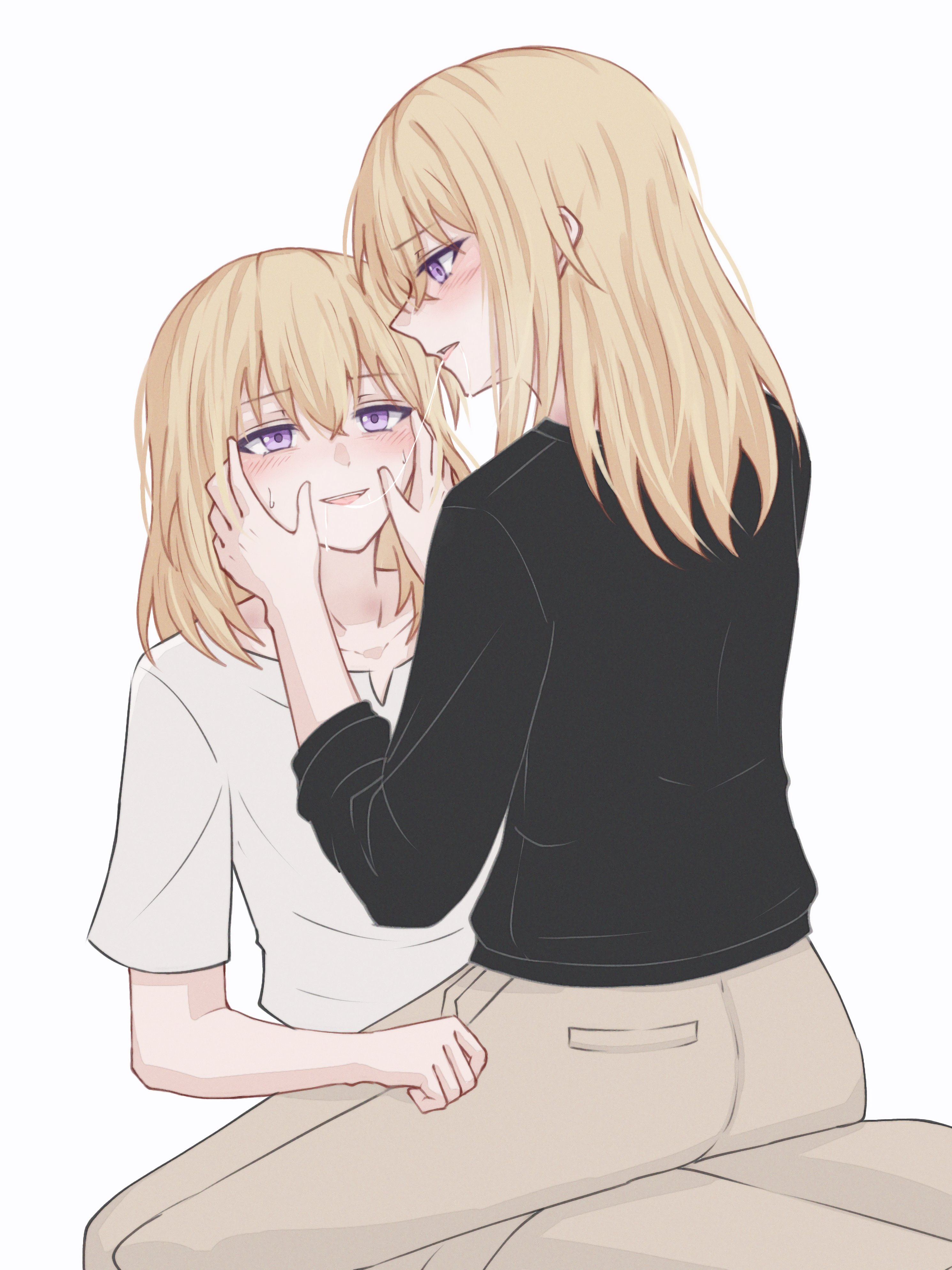 2girls absurdres bang_dream! bang_dream!_it's_mygo!!!!! black_shirt blonde_hair blush brown_skirt commentary firman_acker half-siblings hands_on_another's_face hashtag-only_commentary highres incest long_sleeves medium_hair misumi_uika misumi_uika's_sister multiple_girls parted_lips purple_eyes saliva saliva_trail shirt short_sleeves simple_background skirt spoilers white_background white_shirt yuri