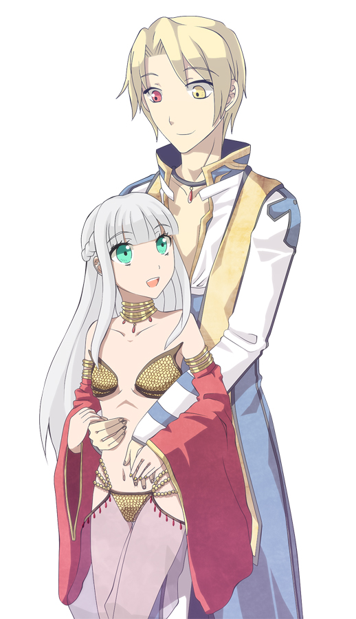 1boy 1girl arch_bishop_(ragnarok_online) bikini blonde_hair blue_coat blunt_bangs breasts closed_mouth coat commentary_request cowboy_shot cropped_jacket detached_sleeves gold_necklace green_eyes grey_hair gypsy_(ragnarok_online) harem_pants height_difference hetero hug hug_from_behind jacket jewelry long_hair long_sleeves looking_at_another navel necklace oki_(okazu8) open_mouth pants ragnarok_online red_eyes red_sleeves see-through_clothes see-through_pants short_hair simple_background small_breasts smile strapless strapless_bikini swimsuit white_background white_jacket yellow_bikini yellow_eyes