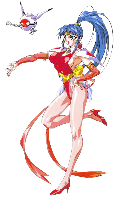 1990s_(style) 1girl armor blue_eyes blue_hair breasts choujin_gakuen_gowcaizer forehead_protector high_heels hishizaki_shaia_(gowcaizer) leotard looking_at_viewer mechanical_arms medium_breasts official_art oobari_masami ponytail retro_artstyle ribbon robot shoulder_armor sideboob solo technos video_game