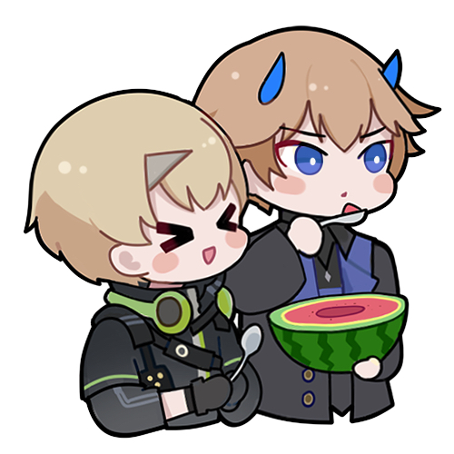 &gt;_&lt; 2boys black_gloves black_jacket blonde_hair blue_eyes blue_horns bright_pupils chibi chibi_only chinese_commentary commentary_request euyueuy facing_ahead gloves headphones headphones_around_neck holding holding_spoon horns jacket kamui:_bastion_(pgr) kamui_(pgr) lee:_entropy_(pgr) lee_(pgr) looking_ahead lowres male_focus multiple_boys official_art open_mouth punishing:_gray_raven simple_background single_horn smile spoon upper_body white_background white_pupils