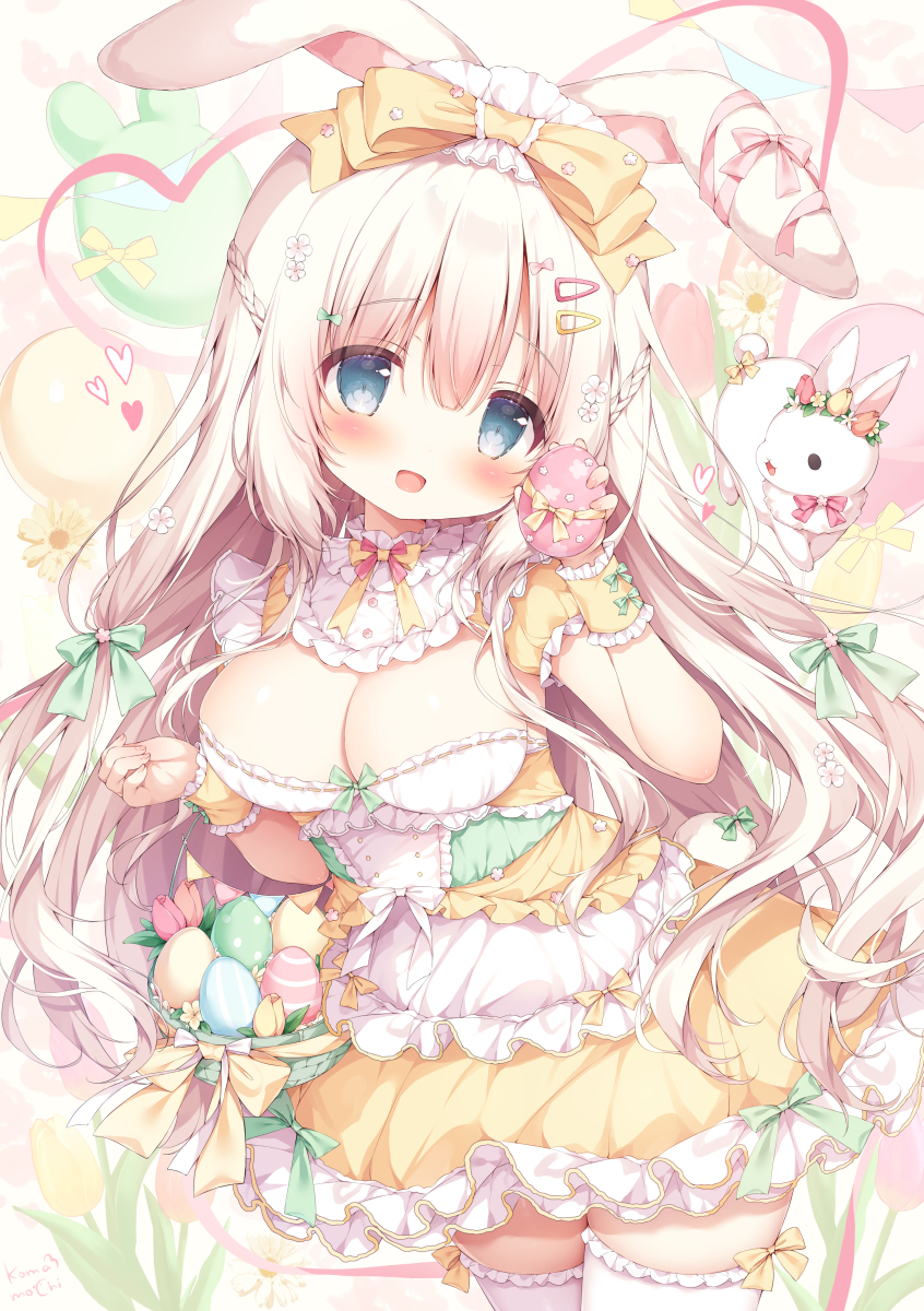 1girl animal_ears apron bib_collar blue_eyes blush bow bowtie braid breasts cleavage collar commentary_request corset cowboy_shot detached_sleeves dress ear_bow easter easter_egg egg flower frilled_apron frilled_collar frilled_sleeves frilled_thighhighs frilled_wrist_cuffs frills green_bow green_corset hair_bow hair_flower hair_ornament hairclip head_tilt heart highres holding holding_egg large_breasts long_hair looking_at_viewer momozu_komamochi open_mouth original pink_bow puffy_short_sleeves puffy_sleeves rabbit rabbit_ears rabbit_girl ribbon short_sleeves smile tail tail_bow tail_ornament tareme thighhighs very_long_hair waist_apron white_apron white_flower white_hair white_rabbit_(animal) wrist_cuffs yellow_bow yellow_bowtie yellow_dress yellow_ribbon