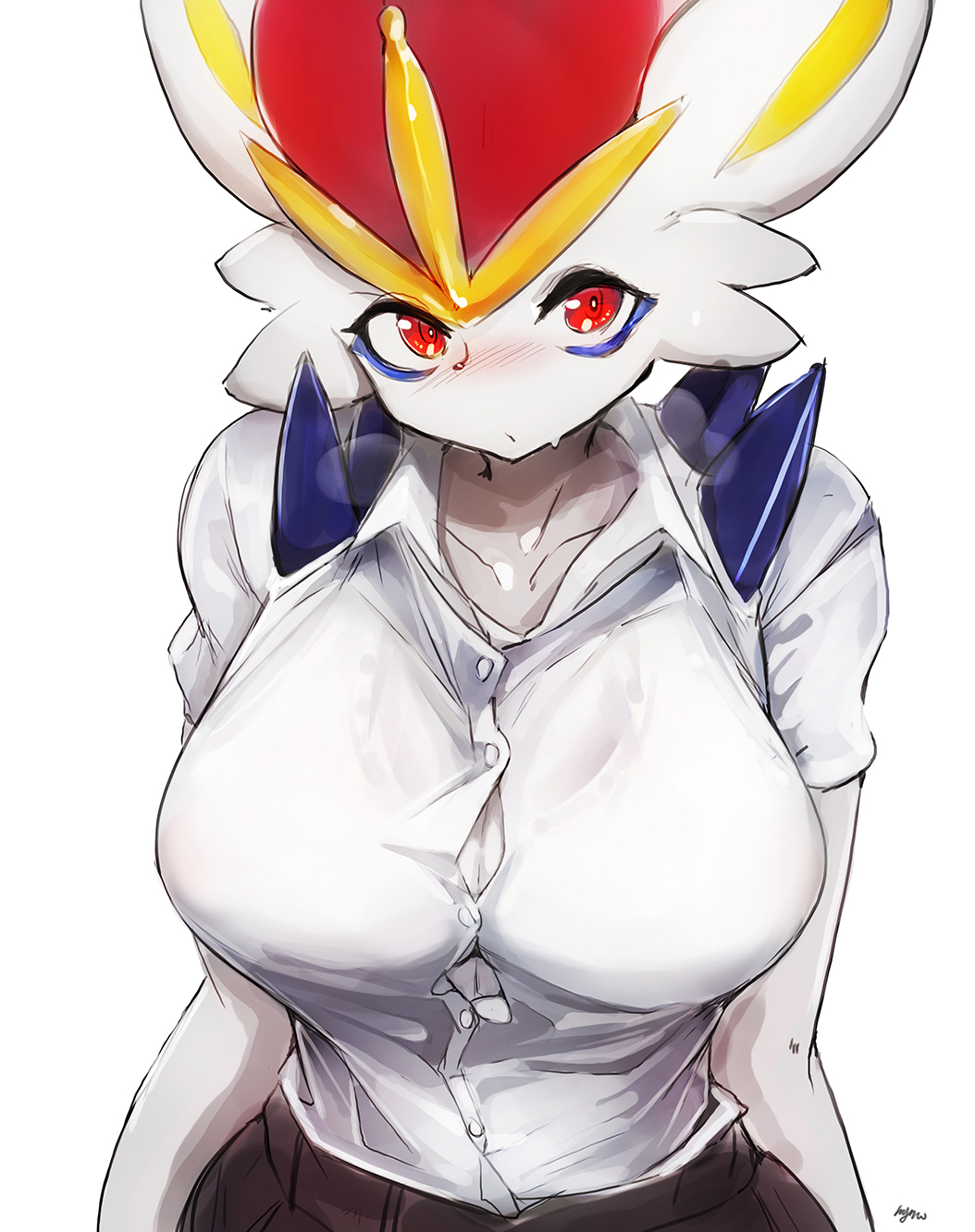 1girl artist_name black_skirt blue_eyeshadow blush body_fur bra bra_visible_through_clothes breasts breath buttons cinderace closed_mouth clothed_pokemon collarbone dot_mouth eyeshadow female_focus furry furry_female gen_8_pokemon highres large_breasts looking_at_viewer makeup mature_female my700 nintendo nose_blush pokemon pokemon_(creature) rabbit_ears rabbit_girl red_eyes red_hair school_uniform see-through_clothes shirt shirt_tucked_in short_hair short_sleeves signature simple_background skirt solo sweat underwear upper_body white_background white_bra white_fur white_shirt