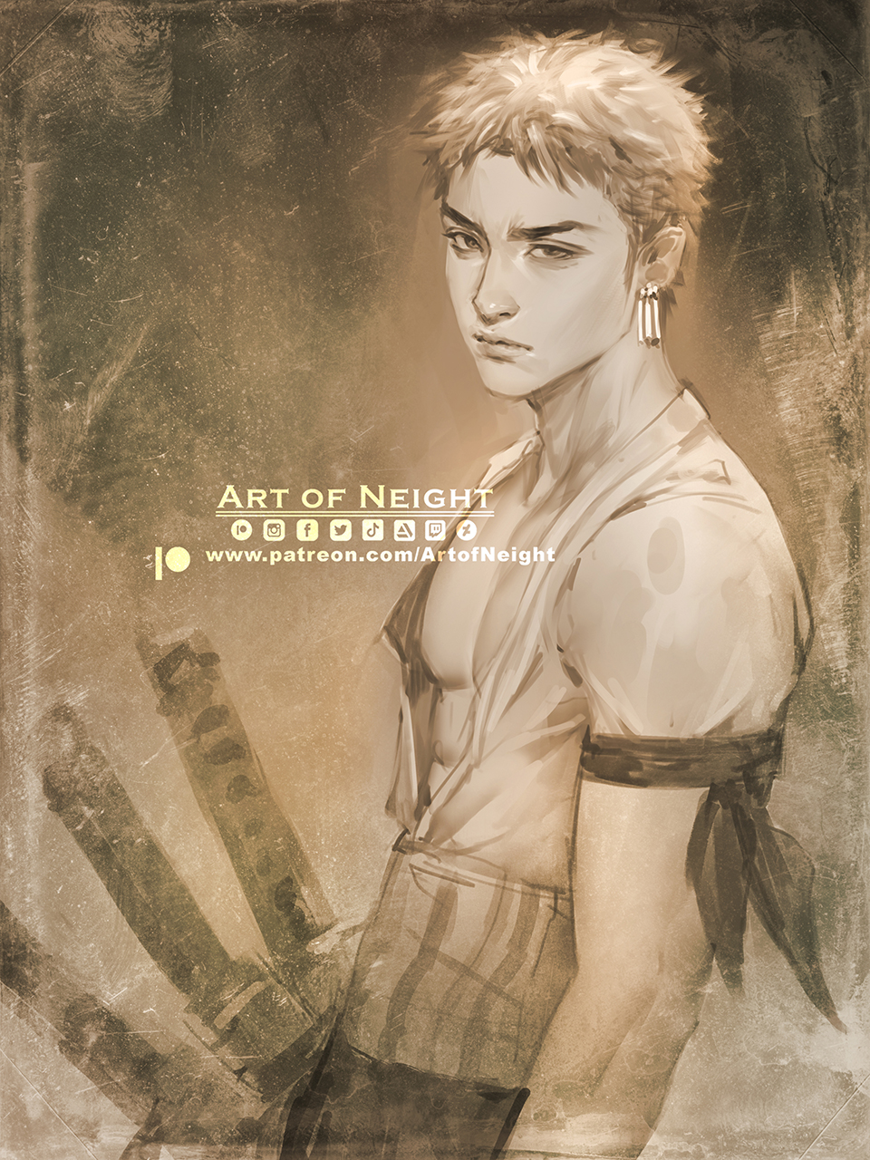 1boy art_of_neight artist_name artstation_logo bandana bandana_around_arm closed_mouth commentary deviantart_logo earrings english_commentary facebook_logo highres instagram_logo jewelry katana looking_at_viewer male_focus one_piece open_clothes open_shirt patreon_logo roronoa_zoro sepia shirt short_hair short_sleeves single_earring solo sword tiktok_logo twitter_logo watermark weapon web_address