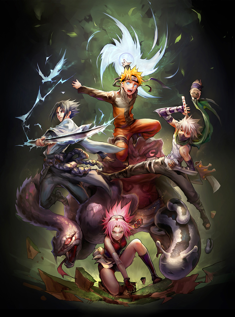 1girl 3boys aerokinesis animal bike_shorts black_gloves black_hair blonde_hair blue_eyes dark_background dog electricity fighting_stance fingerless_gloves fooltown forehead_protector gamakichi giant_slug giant_snake giant_toad gloves green_eyes half_mask haruno_sakura hatake_kakashi heterochromia highres katsuyu long_hair mask md5_mismatch mouth_mask multiple_boys naruto_(classic) naruto_(series) naruto_shippuuden ninja_mask open_collar outdoors oversized_animal pakkun_(naruto) pink_hair rasengan resolution_mismatch scar scarf sharingan short_hair silver_hair slug snake source_smaller spiked_hair sword sword_on_back toad_(animal) uchiha_sasuke unworn_mask uzumaki_naruto v-shaped_eyebrows weapon weapon_on_back whiskers wind