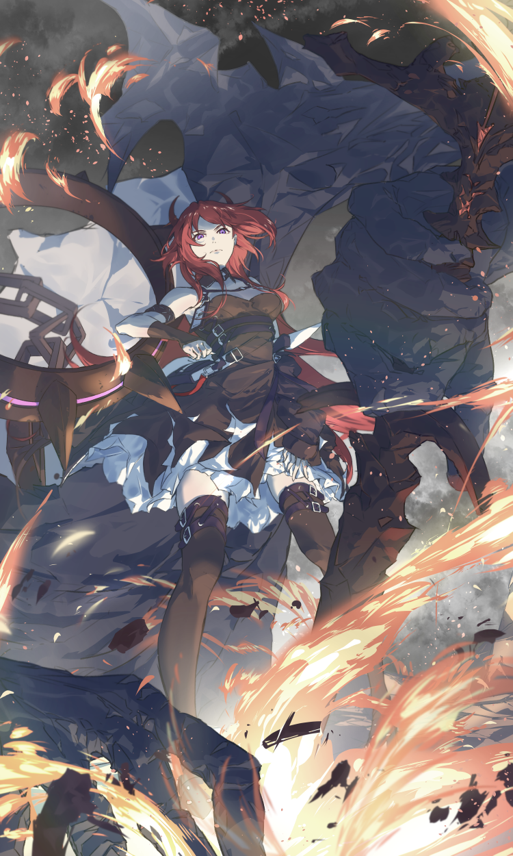 1girl arknights bare_shoulders black_dress black_thighhighs breasts chain chest_strap cleavage closed_mouth demon_girl demon_horns detached_collar dress feet_out_of_frame fire giant giant_hand hair_between_eyes hair_intakes highres holding holding_sword holding_weapon horns huge_weapon infection_monitor_(arknights) jacket kuu_(user_gngs5284) lava long_hair long_sleeves looking_at_viewer medium_breasts purple_eyes red_hair solo standing surtr&#039;s_golem_(arknights) surtr_(arknights) sword thighhighs very_long_hair weapon zettai_ryouiki