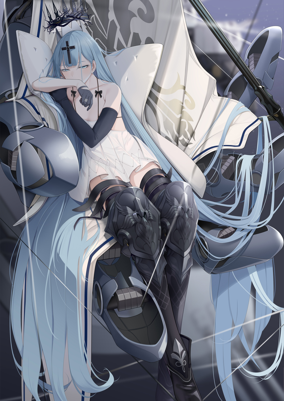 1girl absurdly_long_hair azur_lane black_bow black_ribbon black_thighhighs blue_eyes blue_hair bow champagne_(azur_lane) cross_hair_ornament crown dress fed_(giba) flag hair_ornament hair_spread_out half-closed_eyes highres iris_libre_(emblem) light_blue_hair long_hair ribbon rigging sitting sleeveless sleeveless_dress solo thighhighs very_long_hair white_dress
