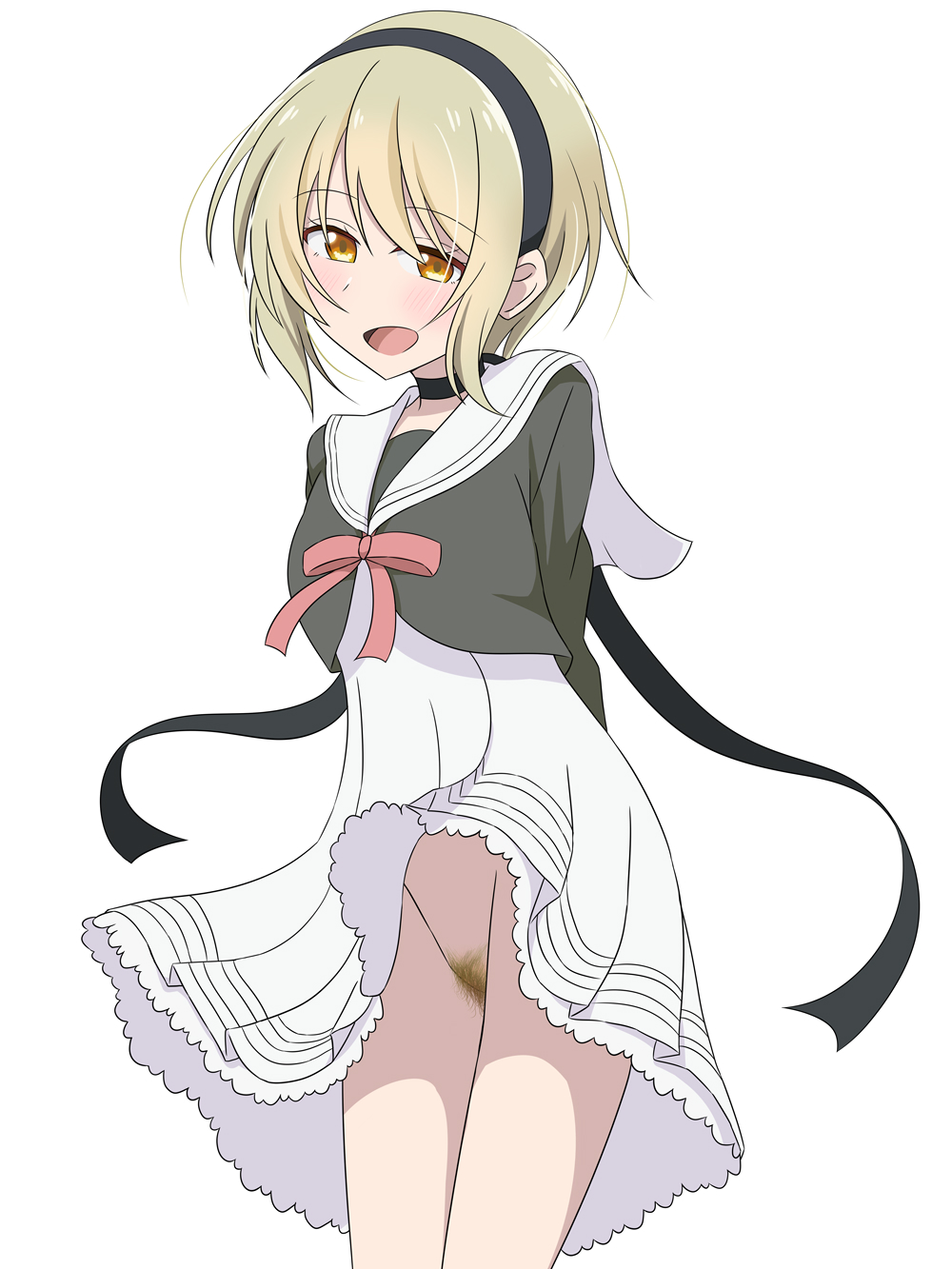 1girl blonde_hair blush breasts clothes_lift hairband hanabikawa_alice highres hoshikuzu_telepath looking_at_viewer no_panties open_mouth pubic_hair school_uniform short_hair simple_background skirt skirt_lift small_breasts smile solo takaragi_haruno white_background yellow_eyes