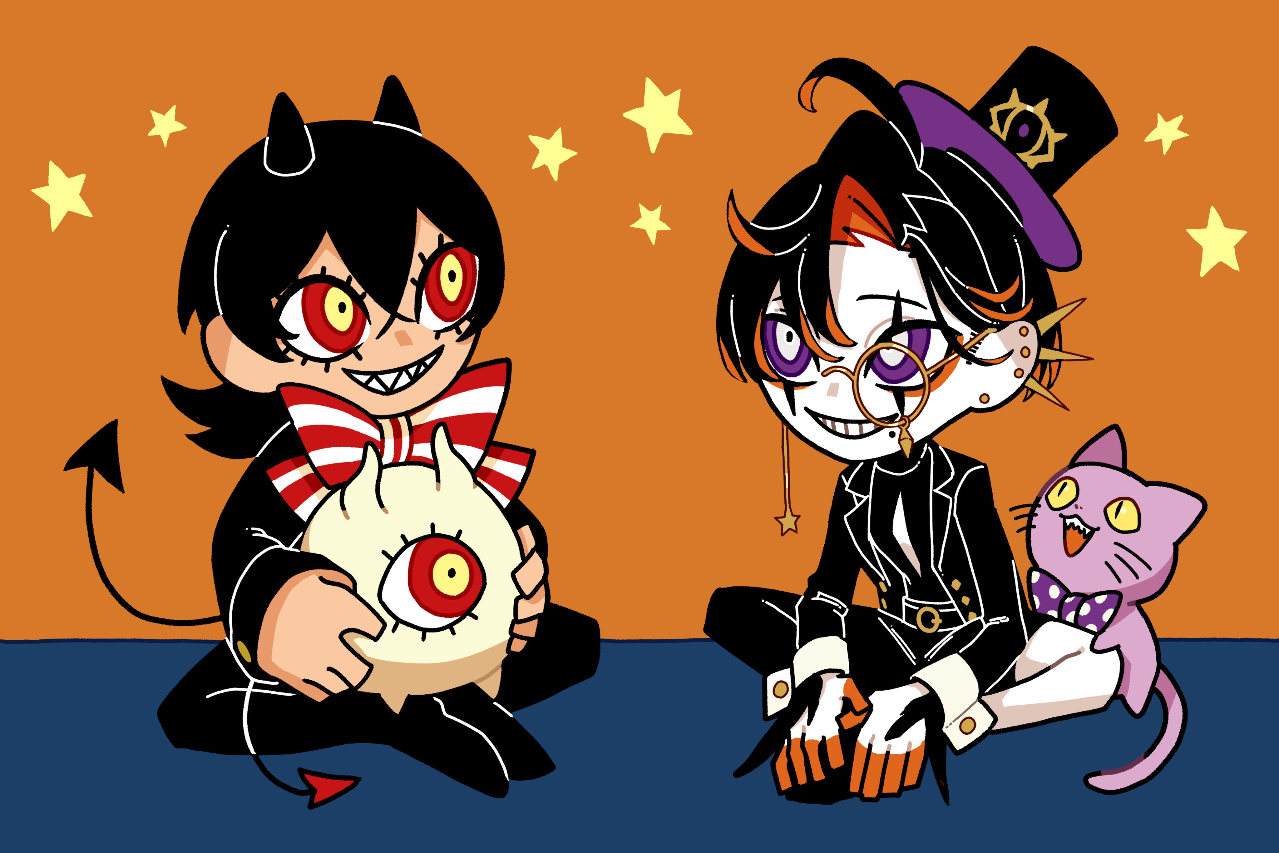 2girls absurdres animal asymmetrical_legwear black_hair black_suit bow bowtie cat colored_inner_hair creature demon_girl demon_horns demon_tail formal_clothes full_body grin hat highres horns indian_style looking_at_another momomo_906 monocle multicolored_eyes multicolored_hair multiple_girls orange_background orange_hair original purple_eyes red_bow red_bowtie red_eyes sharp_teeth sitting smile star_(symbol) suit tail teeth tilted_headwear top_hat uneven_legwear yellow_eyes