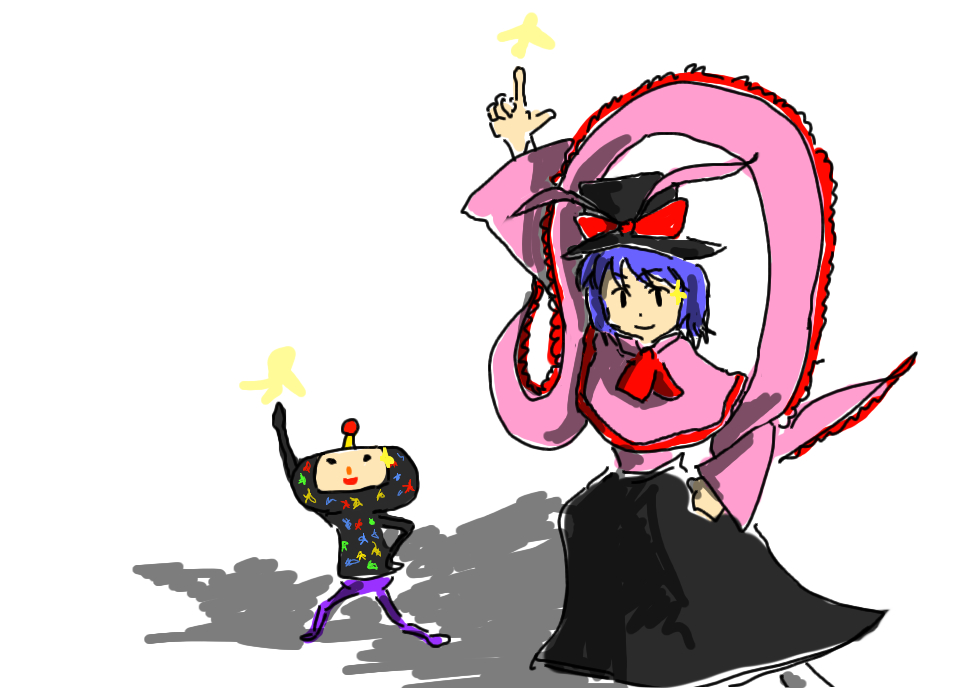 1girl bad_anatomy crossover dancing dipp_(katamari_damacy) female_focus katamari_damacy nagae_iku poorly_drawn saturday_night_fever touhou