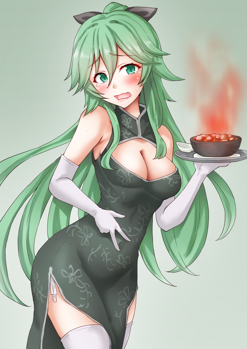1girl alternate_costume anti_(untea9) black_dress black_ribbon blush breasts chinese_spoon cleavage commentary_request dress elbow_gloves food gloves gradient_background green_background green_hair hair_between_eyes hair_ornament hair_ribbon hairclip highres kantai_collection long_hair mapo_tofu medium_breasts ponytail ribbon solo spicy spoon thighhighs tofu white_gloves white_thighhighs yamakaze_(kancolle)