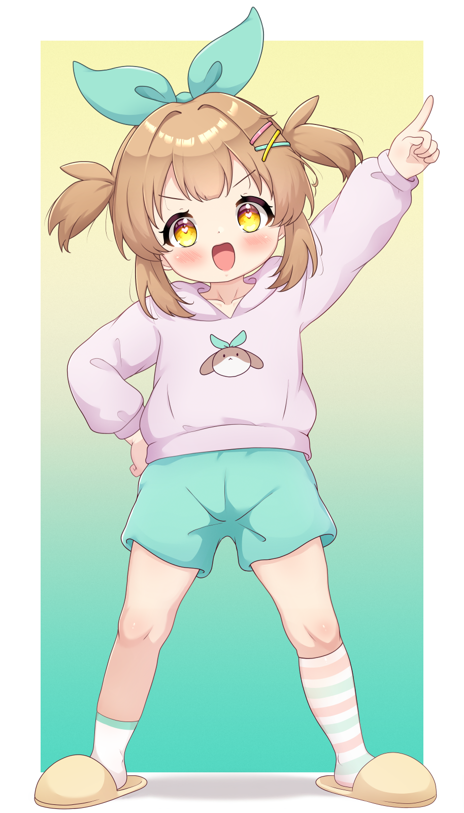 1girl :d asymmetrical_legwear blue_background blue_ribbon blue_shorts blue_socks border brown_hair child commentary_request full_body gradient_background hair_ornament hair_ribbon hand_on_own_hip hand_up heart heart-shaped_pupils highres hood hood_down hoodie index_finger_raised indie_utaite long_sleeves medium_hair mismatched_legwear nanahira open_mouth pink_hoodie pink_socks ribbon shorts slippers smile socks solo standing striped_clothes striped_socks symbol-shaped_pupils two-tone_background two_side_up uneven_legwear white_border white_socks x_hair_ornament yellow_background yellow_eyes yellow_slippers zendamu