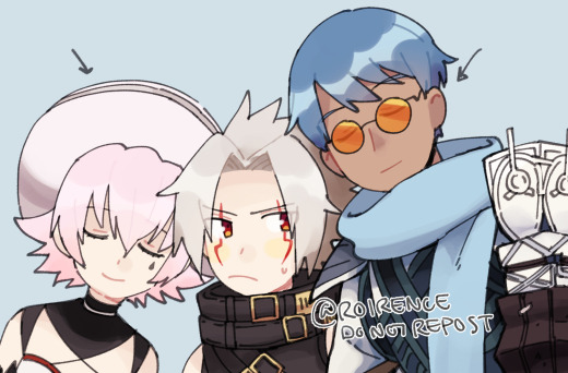 .hack// .hack//g.u. .hack//games 1girl 2boys blue_hair facepaint glasses haseo_(.hack//) large_hat multiple_boys ovan_(.hack//) pink_hair red_eyes roirence scarf shino_(.hack//) white_hair