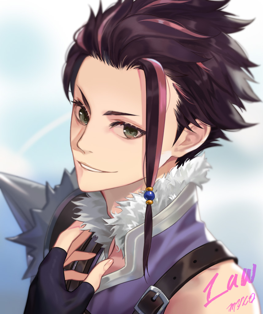 1boy arm_up armor belt belt_buckle black_gloves brown_belt brown_hair buckle character_name commentary fingerless_gloves fur-trimmed_collar fur_trim gloves grey_eyes hair_slicked_back hand_on_own_chest law_(tales) looking_to_the_side male_focus pauldrons peach_luo pink_hair popped_collar purple_shirt shirt short_hair_with_long_locks shoulder_armor shoulder_belt sideways_glance single_pauldron smile solo spiked_pauldrons tales_of_(series) tales_of_arise teeth upper_body white_fur