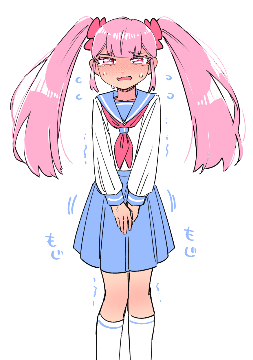 1girl blue_sailor_collar blunt_bangs blush collarbone colored_eyelashes ear_blush embarrassed female_focus flat_chest flat_color flying_sweatdrops hair_ornament hair_scrunchie half-closed_eyes have_to_pee highres japanese_text kneehighs long_hair long_sleeves looking_at_viewer miniskirt neckerchief nose_blush open_mouth original own_hands_together pink_hair pink_scrunchie pleated_skirt raised_eyebrows red_eyes red_neckerchief sailor_collar scrunchie shirt sidelocks simple_background sketch skirt socks solo standing straight-on suzumushi_(tanpopo_cha) sweat tears translation_request trembling twintails v_arms wavy_mouth white_background white_shirt white_socks