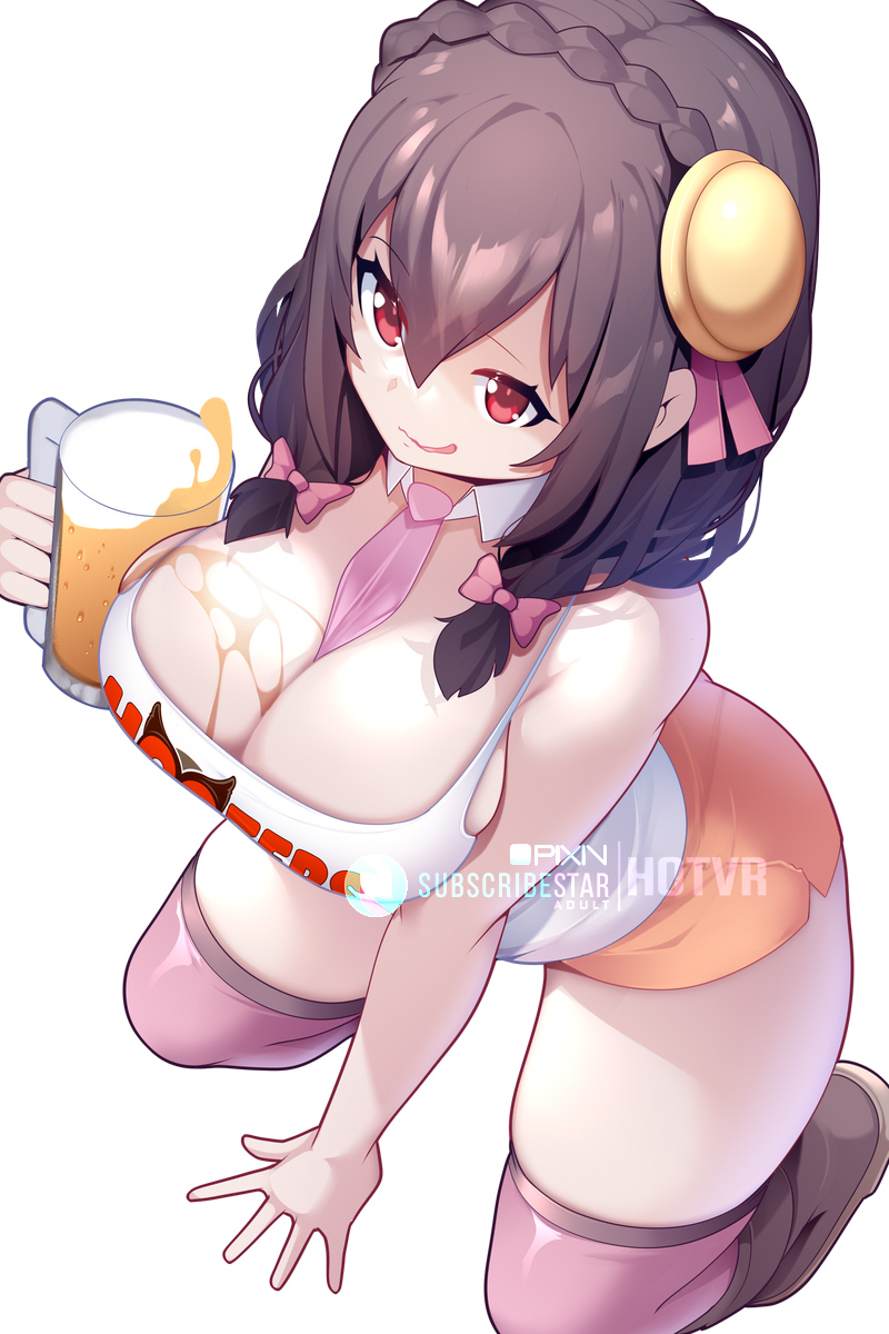 1girl alcohol alternate_costume arm_support artist_name bare_arms bare_shoulders beer beer_mug between_breasts boots bow braid breasts brown_boots brown_hair commentary crown_braid cup detached_collar employee_uniform english_commentary fluid_on_breasts hair_between_eyes hair_bow highres holding holding_cup hooters hot_vr kneeling kono_subarashii_sekai_ni_shukufuku_wo! large_breasts leaning_forward long_hair mug necktie necktie_between_breasts nervous_smile open_mouth orange_shorts pink_bow pink_necktie pink_thighhighs pixiv_username print_tank_top red_eyes short_shorts shorts simple_background smile solo subscribestar_username tank_top thighhighs white_background white_tank_top yunyun_(konosuba)