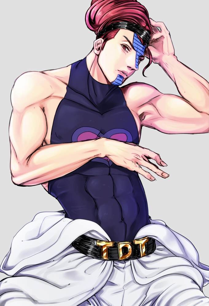 1boy abs bare_shoulders belt earrings jewelry jojo_no_kimyou_na_bouken m516 male_focus muscular red_hair sleeveless sleeveless_turtleneck solo tattoo terence_t._d&#039;arby turtleneck