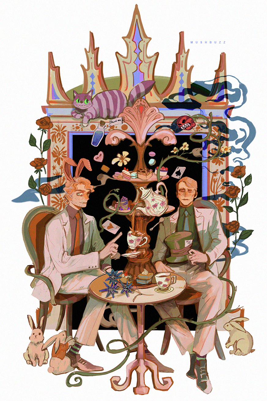 2boys ace_(playing_card) ace_of_hearts ace_of_spades alice&#039;s_adventures_in_wonderland animal_ears artist_name beard_stubble black_footwear black_hat black_shirt black_socks blazer blonde_hair blue_necktie bottle brown_footwear buttons cake cake_slice card chair cheshire_cat_(alice_in_wonderland) chinese_commentary closed_mouth collared_shirt commentary_request cookie cork drink expressionless facial_hair fingernails floppy_ears flower food formal_clothes full_body green_eyes green_socks hannibal_(tv_series) hannibal_lecter hat heart highres holding holding_unworn_clothes holding_unworn_hat jacket kemonomimi_mode lapels long_sleeves macaron male_focus multiple_boys mushbuzz mustache_stubble necktie notched_lapels on_chair open_clothes open_jacket orange_eyes pants playing_card pointing rabbit_ears red_flower red_necktie red_rose rose sharp_teeth shirt shoes short_hair simple_background sitting smile smoke socks spade_(shape) striped_clothes striped_socks stubble suit tea_party teeth telekinesis theater thick_eyebrows thorns top_hat two-tone_socks unworn_hat unworn_headwear white_background white_hair white_jacket white_pants white_rabbit_(alice_in_wonderland) white_suit will_graham