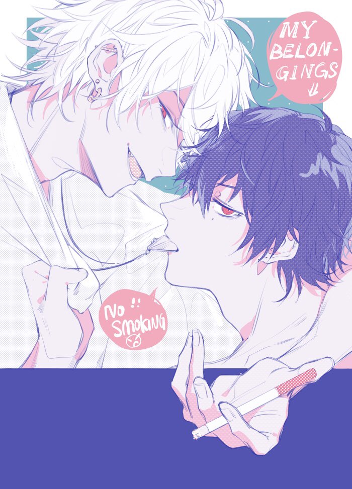 2boys aohitsugi_samatoki arm_around_neck black_hair cigarette clothes_grab collared_shirt colored_speech_bubble ear_piercing earrings english_text fang holding holding_cigarette hypnosis_mic jewelry looking_at_viewer male_focus mask_pull mole mole_under_eye mouth_hold multiple_boys necklace_in_mouth open_mouth piercing profile red_eyes shirt short_hair shuiyiyaogong smile smoking speech_bubble tongue white_hair white_shirt yamada_ichiro yaoi