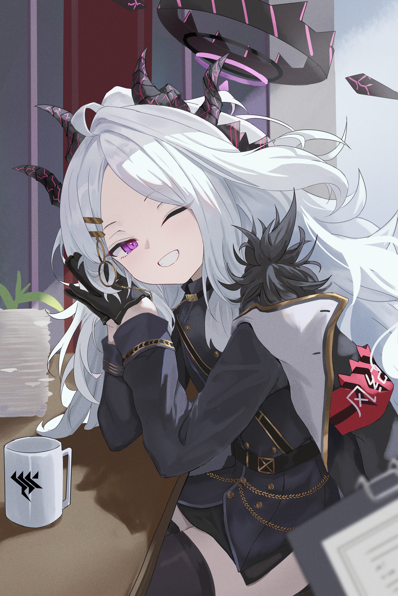 1girl absurdres black_dress black_gloves black_halo black_horns black_thighhighs blue_archive cup demon_girl demon_horns desk dress gloves grey_hair grin halo highres hina_(blue_archive) horns long_hair long_sleeves mixian mug multiple_horns one_eye_closed purple_eyes smile teeth thighhighs