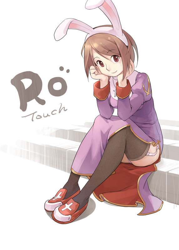 1girl animal_ears black_thighhighs breasts brown_eyes brown_hair closed_mouth commentary cross cross_necklace dress english_commentary fake_animal_ears full_body garter_straps jewelry juliet_sleeves long_sleeves looking_at_viewer medium_breasts necklace panties pantyshot priest_(ragnarok_online) puffy_sleeves purple_dress rabbit_ears ragnarok_online red_shoes shoes side_slit sitting smile solo tennohi thighhighs underwear white_background white_panties