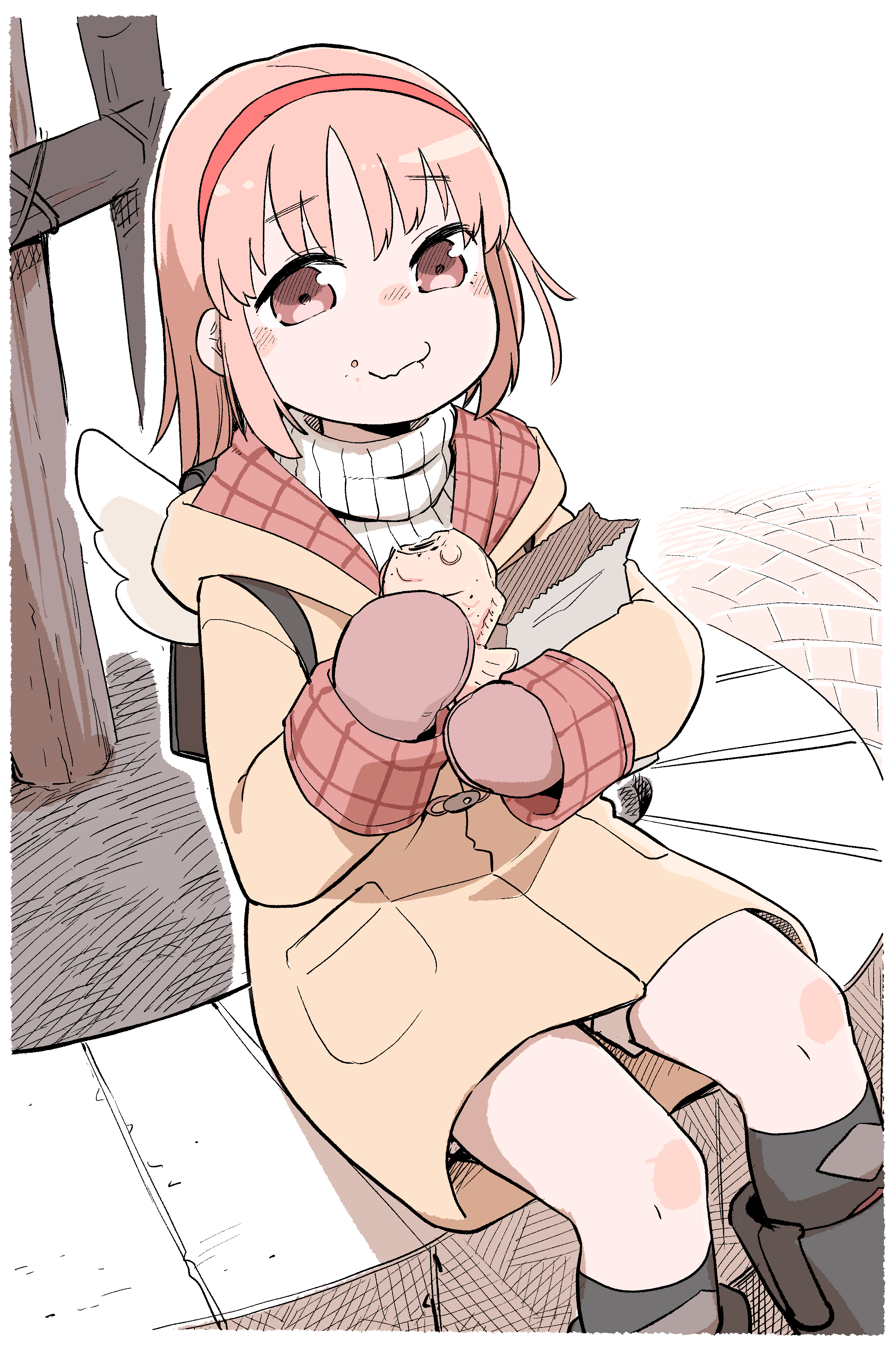 1girl absurdres angel_wings argyle_clothes argyle_socks backpack bag beige_coat black_bag black_boots black_socks blush boots border brown_mittens character_request check_character check_copyright closed_mouth coat copyright_request crosshatching duffel_coat eating eyes_visible_through_hair fake_wings feet_out_of_frame food food_bite food_on_face from_above from_side grocery_bag hairband hand_up hare_(tetterutei) hatching_(texture) highres holding holding_bag holding_food hood hood_down hugging_object kneehighs linear_hatching long_sleeves looking_at_viewer looking_to_the_side looking_up mittens narrowed_eyes no_nose nose_blush original outdoors paper_bag pavement pink_eyes pink_hair plaid pocket red_hairband sett shopping_bag sitting sleeve_cuffs socks solo taiyaki turtleneck wagashi wavy_mouth white_border white_wings wings winter_clothes winter_coat