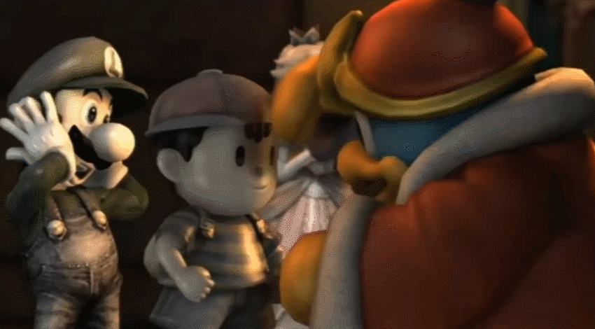 00s 1boy 2008 3d animated animated_gif backpack badge bag baseball_cap beak bird black_hair blonde_hair blue_eyes buttons crown dress dust game_screenshot gloves hall hat indoors king king_dedede kirby_(series) luigi mario_(series) mittens mother_(series) ness_(mother_2) nintendo overalls penguin plumber princess princess_peach robe shirt smile staring striped_clothes striped_shirt super_mario_bros._1 super_smash_bros. trophy
