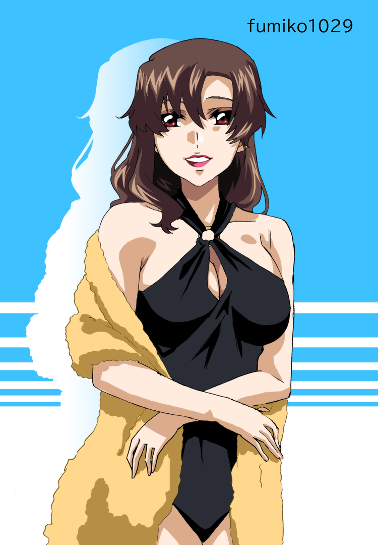 1girl artist_name black_one-piece_swimsuit breasts brown_eyes brown_hair cleavage crossed_arms fumiko_(mesushi) gundam gundam_seed gundam_seed_freedom long_hair looking_at_viewer murrue_ramius one-piece_swimsuit smile solo swimsuit towel