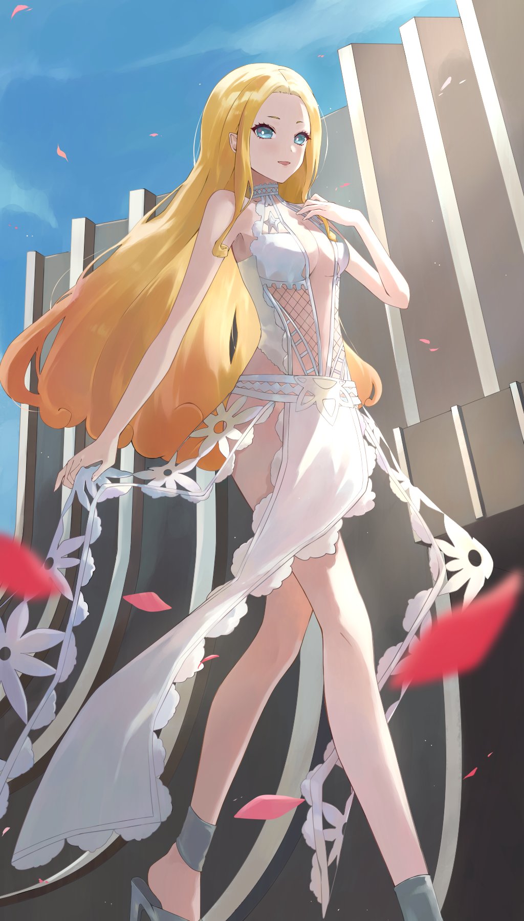 1girl bare_shoulders blonde_hair blue_sky breasts center_opening commentary_request dress fishnets forehead grey_footwear high_heels highres junah_(metaphor:_refantazio) konchi_(63438789) long_hair looking_at_viewer medium_breasts metaphor:_refantazio official_alternate_costume open_mouth outdoors pelvic_curtain petals revealing_clothes sky sleeveless sleeveless_dress smile solo white_dress