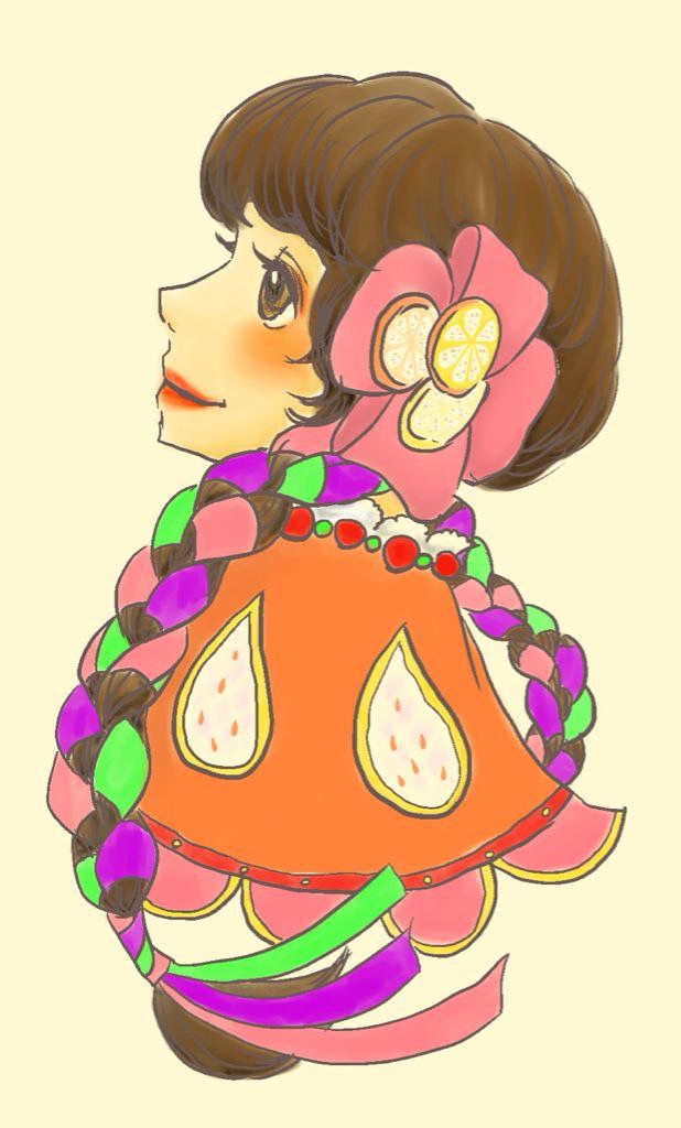 08130326 1girl blush braid brown_hair character_request colored_pencil_(medium) commentary_request copyright_request disneyland dress flower long_hair looking_at_viewer makeup mexican_clothes simple_background smile solo traditional_media twin_braids white_background