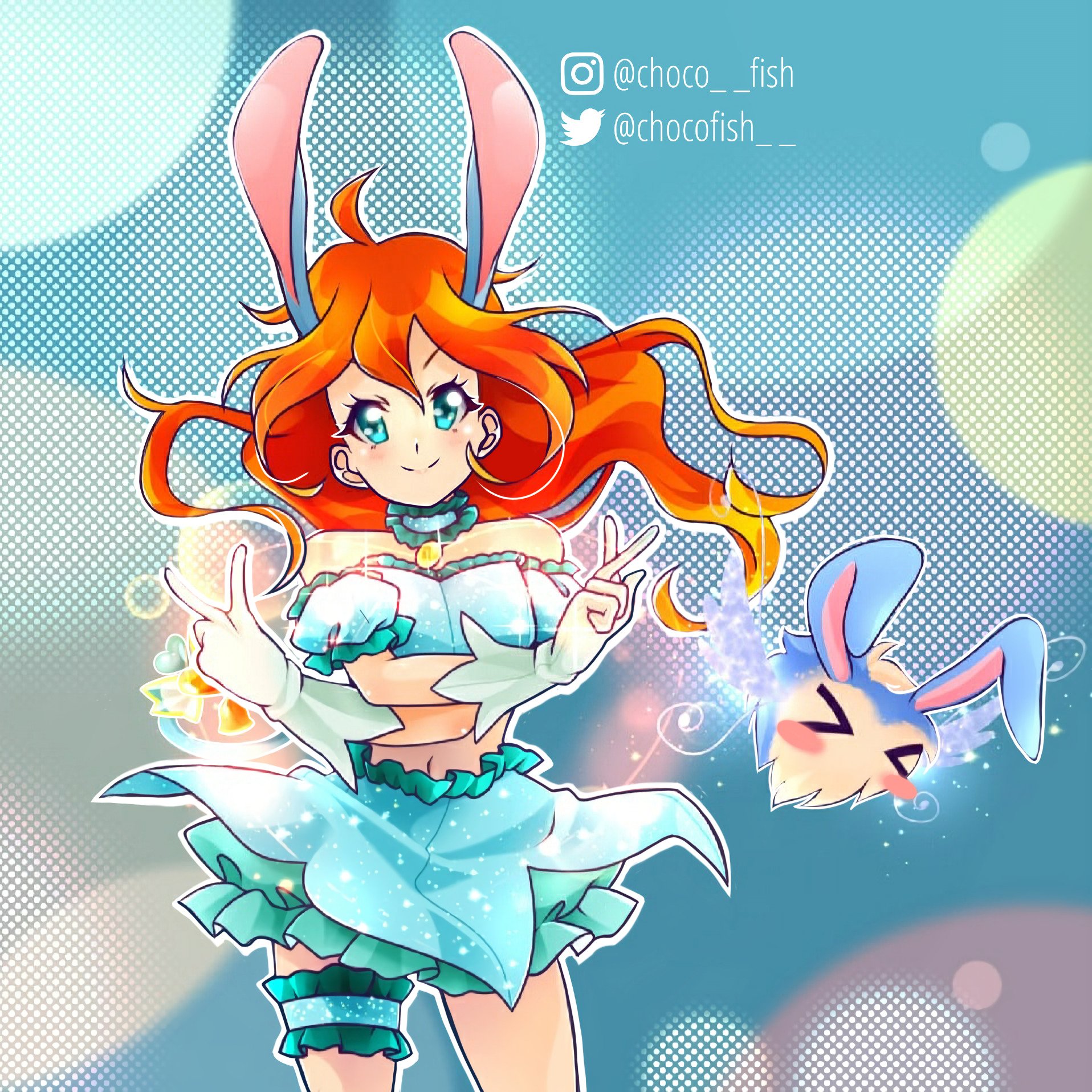 >_< 1girl adapted_costume animal_ears aqua_skirt bad_id bad_twitter_id bare_shoulders bloom_(winx_club) blue_background blue_choker blue_eyes blue_shirt blue_skirt blue_sleeves blush_stickers bubble bubble_skirt chocofish choker closed_mouth commentary cosplay cowboy_shot crop_top detached_sleeves dot_nose double_v english_commentary eyelashes fake_animal_ears floating_hair frilled_choker frilled_shirt frilled_skirt frilled_sleeves frilled_thigh_strap frills glitter gloves halftone halftone_background heart highres instagram_username kemonomimi_mode kiko_(winx_club) layered_skirt light_blush long_hair magical_girl masha_(tokyo_mew_mew) masha_(tokyo_mew_mew)_(cosplay) midriff miniskirt navel orange_hair outline pendant_choker puffy_short_sleeves puffy_sleeves rabbit_ears rabbit_girl shirt short_sleeves skirt skirt_set smile standing strapless strapless_shirt tareme thigh_strap tokyo_mew_mew twitter_username v very_long_hair watermark white_gloves white_outline winx_club