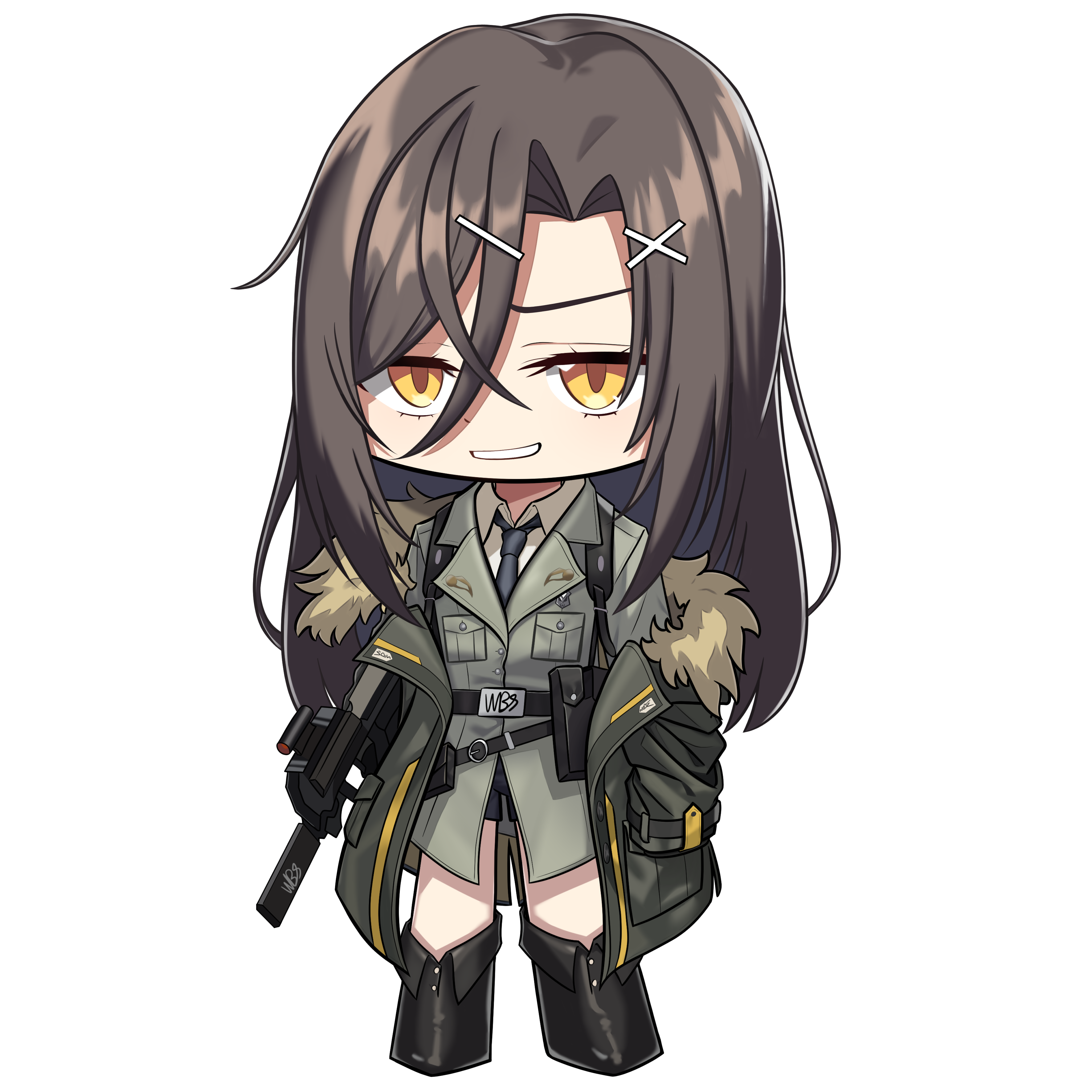 1girl absurdres belt black_belt black_footwear black_jacket black_necktie brown_hair chibi chibi_only christina_brecht collared_shirt commentary_request counter:side fold-over_boots full_body fur-trimmed_jacket fur_trim green_jacket gun hair_between_eyes hair_ornament hairclip hand_in_pocket highres holding holding_gun holding_weapon jacket korean_commentary long_hair looking_at_viewer necktie off_shoulder orange_eyes parted_bangs pocket pouch rifle shirt smirk solo standing transparent_background wbs weapon x_hair_ornament