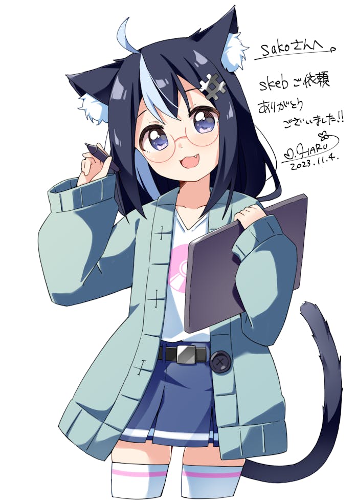 1girl :3 :d ahoge animal_ear_fluff animal_ears black_hair blue_hair blue_skirt blush borrowed_character buttons cardigan cat_ears cat_girl cat_tail collarbone commentary commission cropped_legs dated english_commentary glasses green_cardigan haru_(konomi_150) holding holding_stylus long_sleeves looking_at_viewer multicolored_hair open_cardigan open_clothes open_mouth original red-framed_eyewear shirt short_hair signature simple_background skeb_commission skirt smile solo streaked_hair stylus tail thighhighs white_background white_shirt white_thighhighs